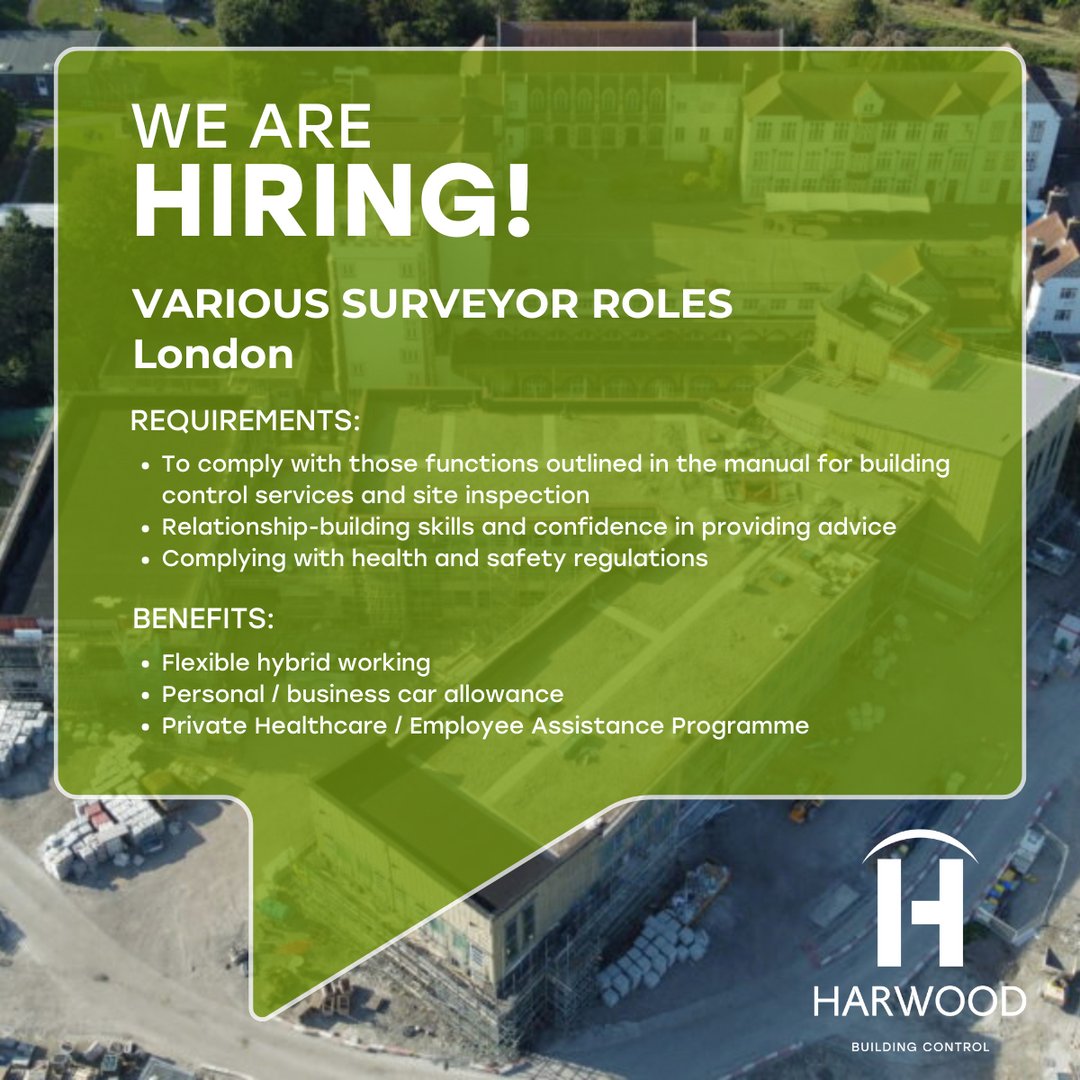 We're looking for surveyors in London and are eager to welcome individuals with relevant experience to join us at Harwood. If this sounds like you, we'd love to hear from you.

harwood.uk.com/careers/ 

#BuildingControl #SurveyorJobs #Surveyor