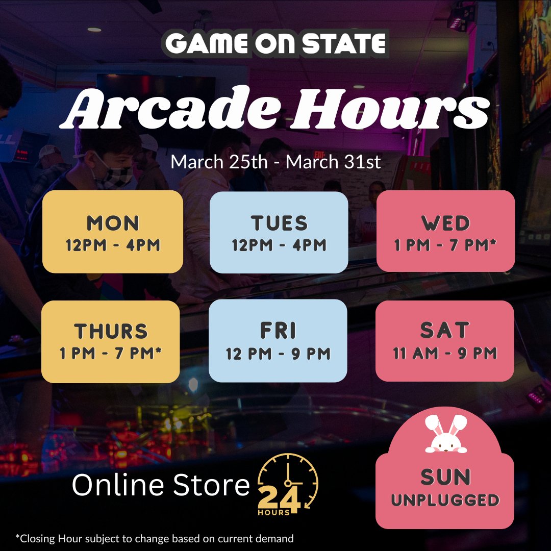 Spring break is here and we are ready to get our game on! We have special hours this week on Monday and Tuesday, so come on in to pick up your easter candy and play our awesome retro games 🕹️

#GameOnState #Arcade