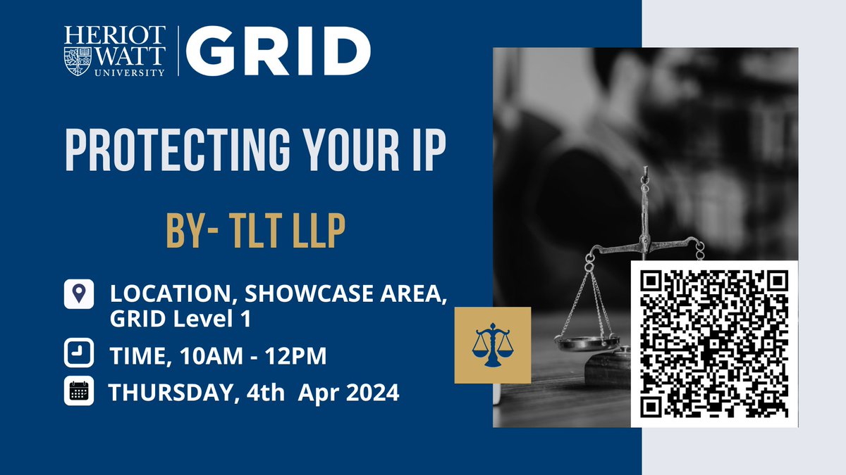 Calling Heriot-Watt innovators! Don't miss our #IP protection session on Thu, Apr 04, 2024, 10:00 AM at GRID. Learn from experts Julie Nixon WS and Nimarta Cheema from TLT LLP why safeguarding your IP is crucial. Sign up: [lnkd.in/e52Cq9My] #IntellectualProperty