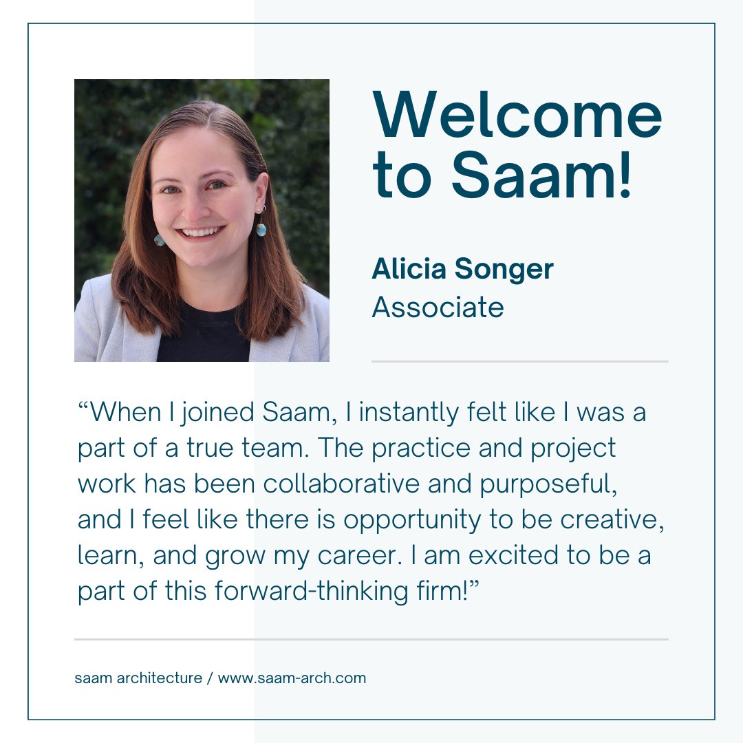 We are excited to welcome Associate Alicia Songer to the Saam Team! Alicia has worked on a variety of #GreenBuildingCertification projects & has architectural experience in #HigherEd, laboratory, K-12 & municipal public and private. MORE ABOUT ALICIA>>saam-arch.com/alicia-songer/