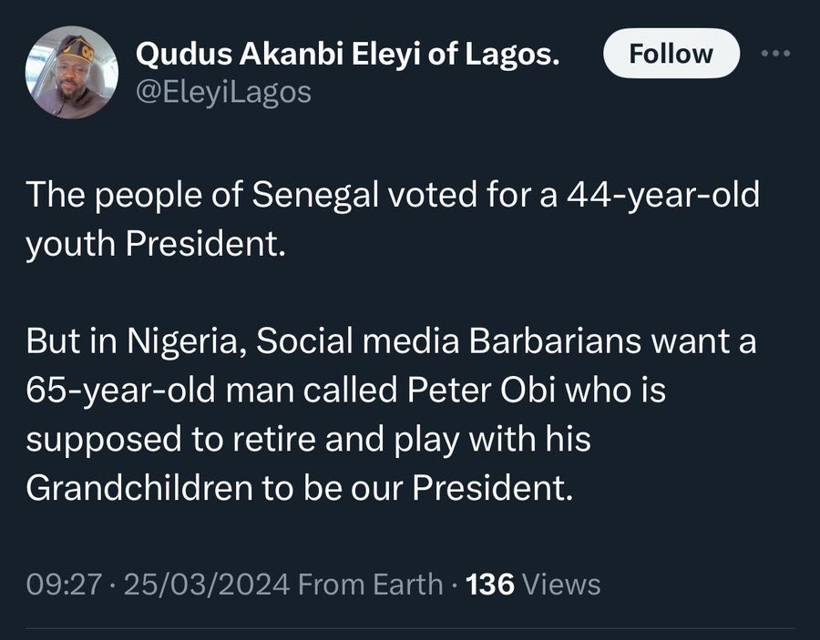 Does this fool know that Tinubu is like 20 years older than Obi?