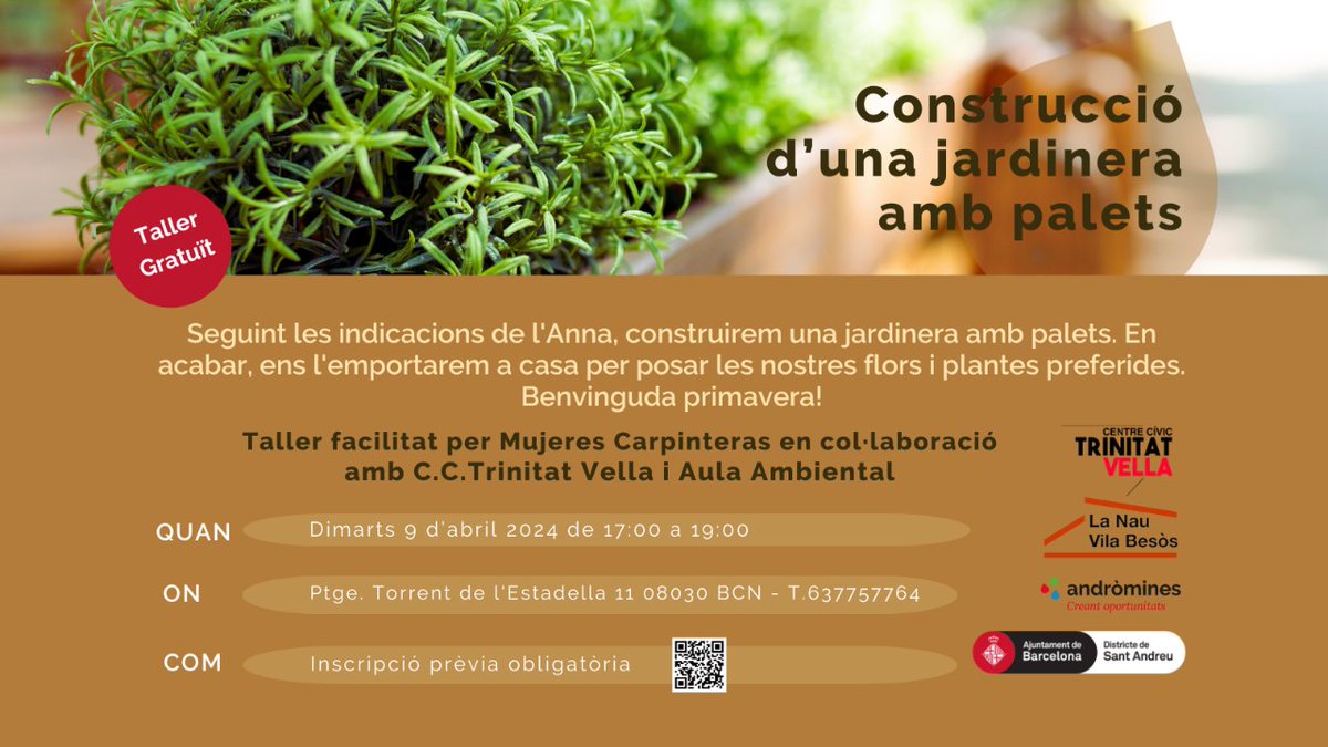 Primer taller a la Nau Vila Besòs. Construirem una jardinera amb palets. Taller facilitat per Mujeres Carpinteras amb el C.C Trinitat Vella i l'Aula Ambiental. Dmts 9/4/24=17h-19h NVB: Ptge. Torrent de l'Estadella 11 Inscripció: T.637757764/nauvilabesos@bcn.cat