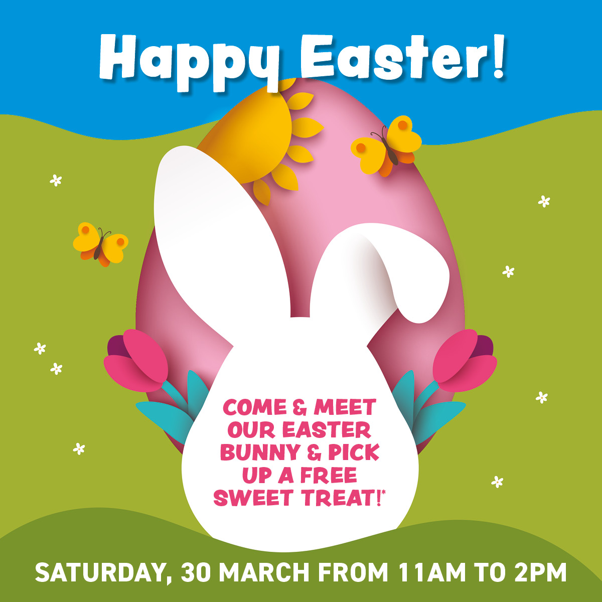 Come and meet our Easter Bunny on Saturday and pick up a free Easter sweet treat! He'll be hopping in to Queens Square between 11am and 2pm.