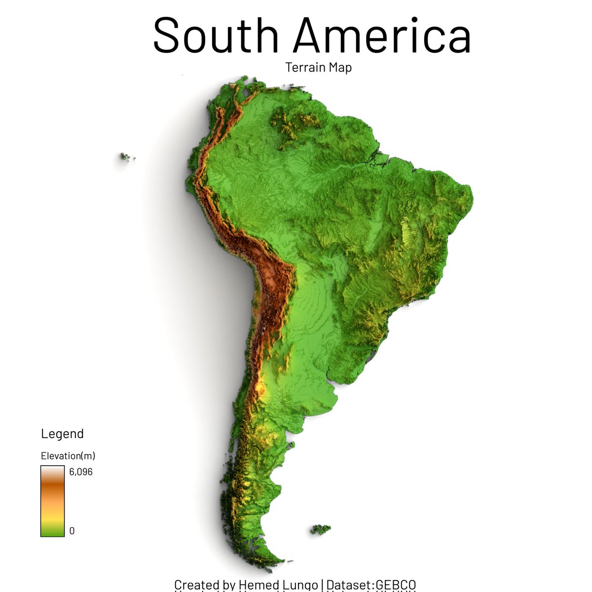 A Map🗺️ showing Terrain Model of South America ,Dataset from GEBCO Bathymetry and Natural Earth #geospatial #gischat #Africa #dataviz #render #qgis #blender #b3d