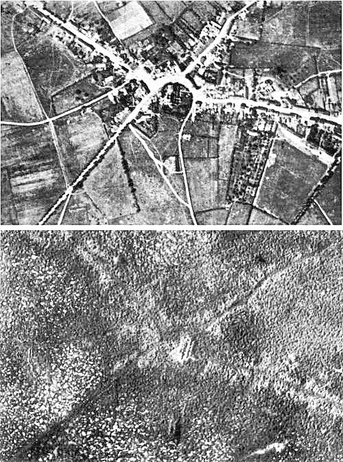 Ariel view of the town of Passchendaele, before and after the Third Battle of Ypres during WW1, July 31 - Nov 10, 1917.