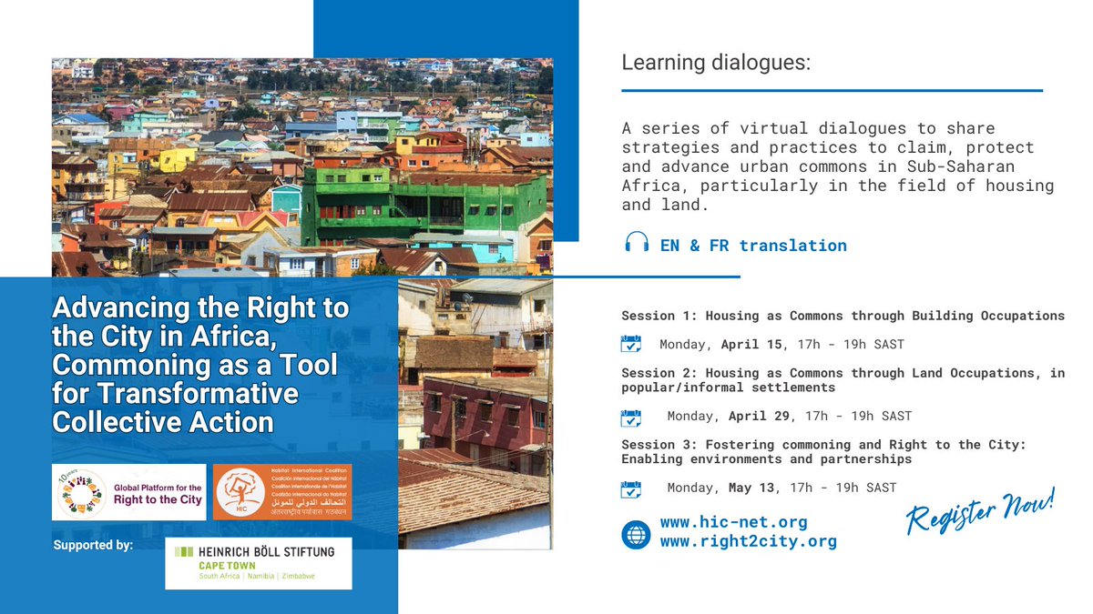 🟢🟡Coming soon: 🗣️ virtual dialogues to share strategies and practices to claim, protect and advance urban commons in Sub Saharan Africa 📅15, 29 April & 13 May Co-organized with @Right2CityGP & supported by @boellza hic-net.org/coming-soon-le…