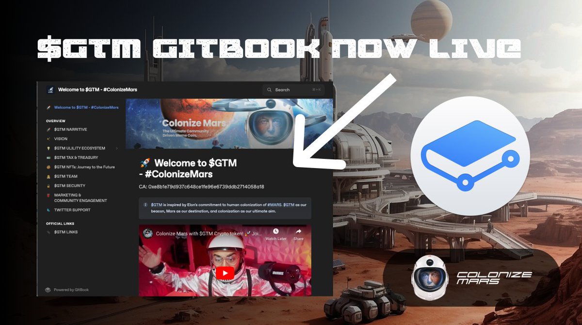 🚀 Have you seen our Gitbook yet? 📖 Dive into the world of $GTM with comprehensive insights into its narrative, vision, utility ecosystem, and more! docs.colonizemars.space #GTM #ColonizeMars 🪐✨