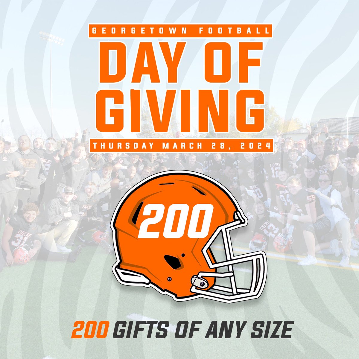 🚨Tiger Nation🚨

We need your help in reaching our goal of 200 gifts of any size for Giving Day! The link below &amp; in our bio will be live until Midnight of Thursday March 28th. 
Please like, repost, &amp; share to help support Gtown Football!

engage.georgetowncollege.edu/register/Footb…

#TigerPride🐅