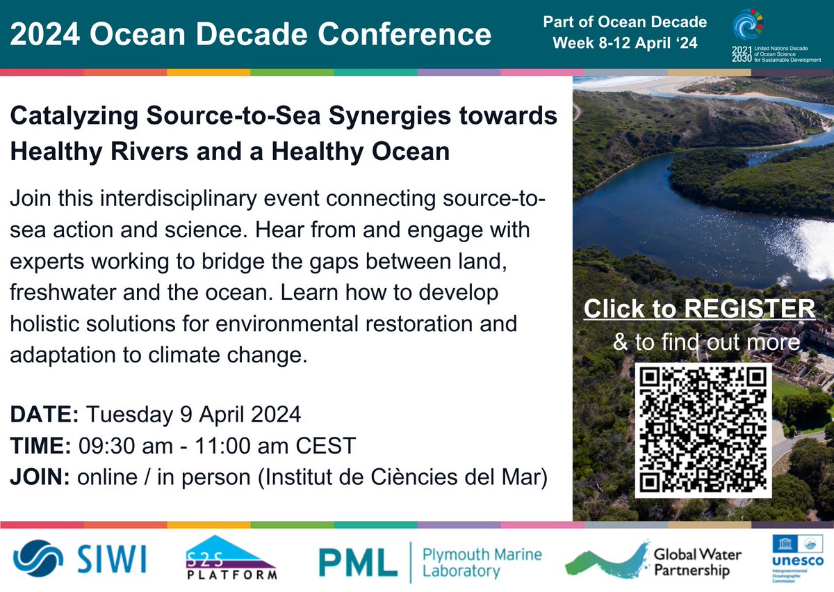 As part of the @UNOceanDecade Conference, join SIWI, @PlymouthMarine, @GWPnews and @IocUnesco for a satellite event to promote implementation of #SourceToSea action. 📆 9 April 🕤 09:30 📍 Online & On-site (@ICMCSIC, Bacelona) Info & registration ▶️ bit.ly/3PzavtJ