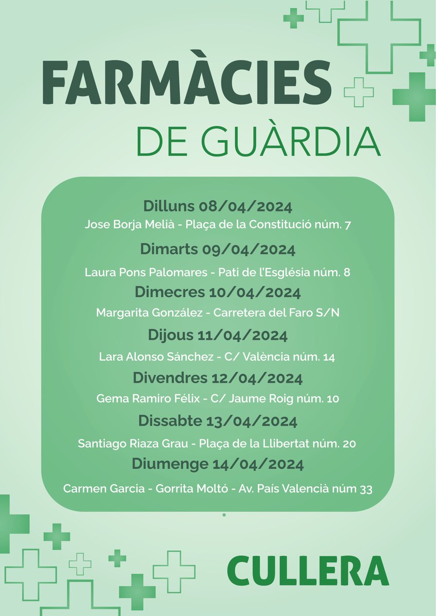 BON DIA!! FARMÀCIES DE GUÀRDIA PER A AQUESTA SETMANA DEL 8 AL 14 D'ABRIL #Cullera #farmàciesguàrdia #AjuntamentDeCullera #VisitCullera