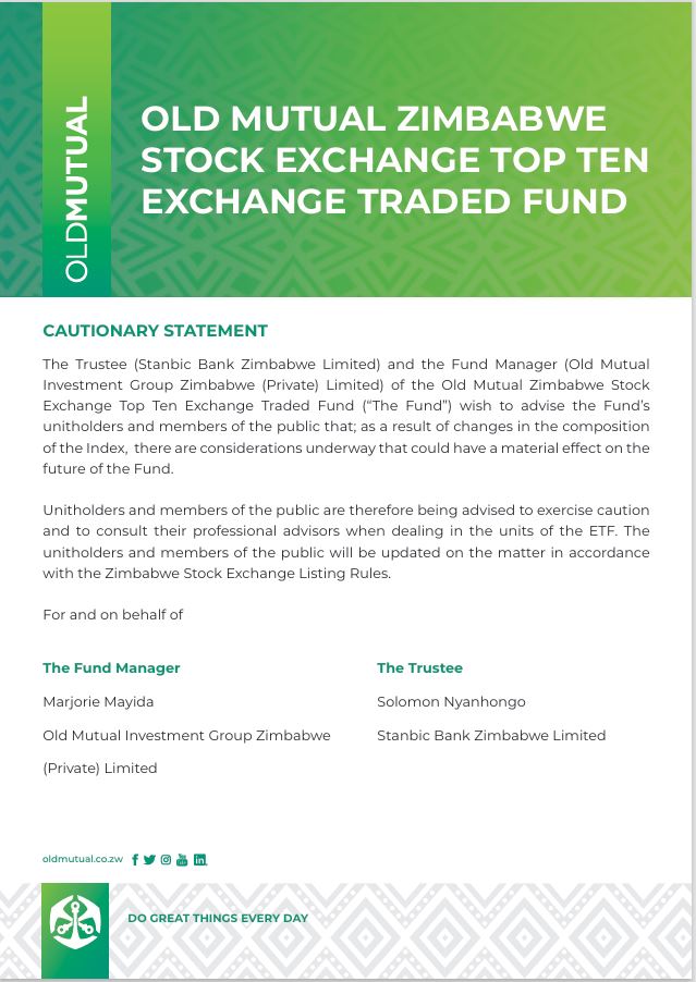 Old Mutual Zse Top Ten Exchange Traded Fund Cautionary Statement