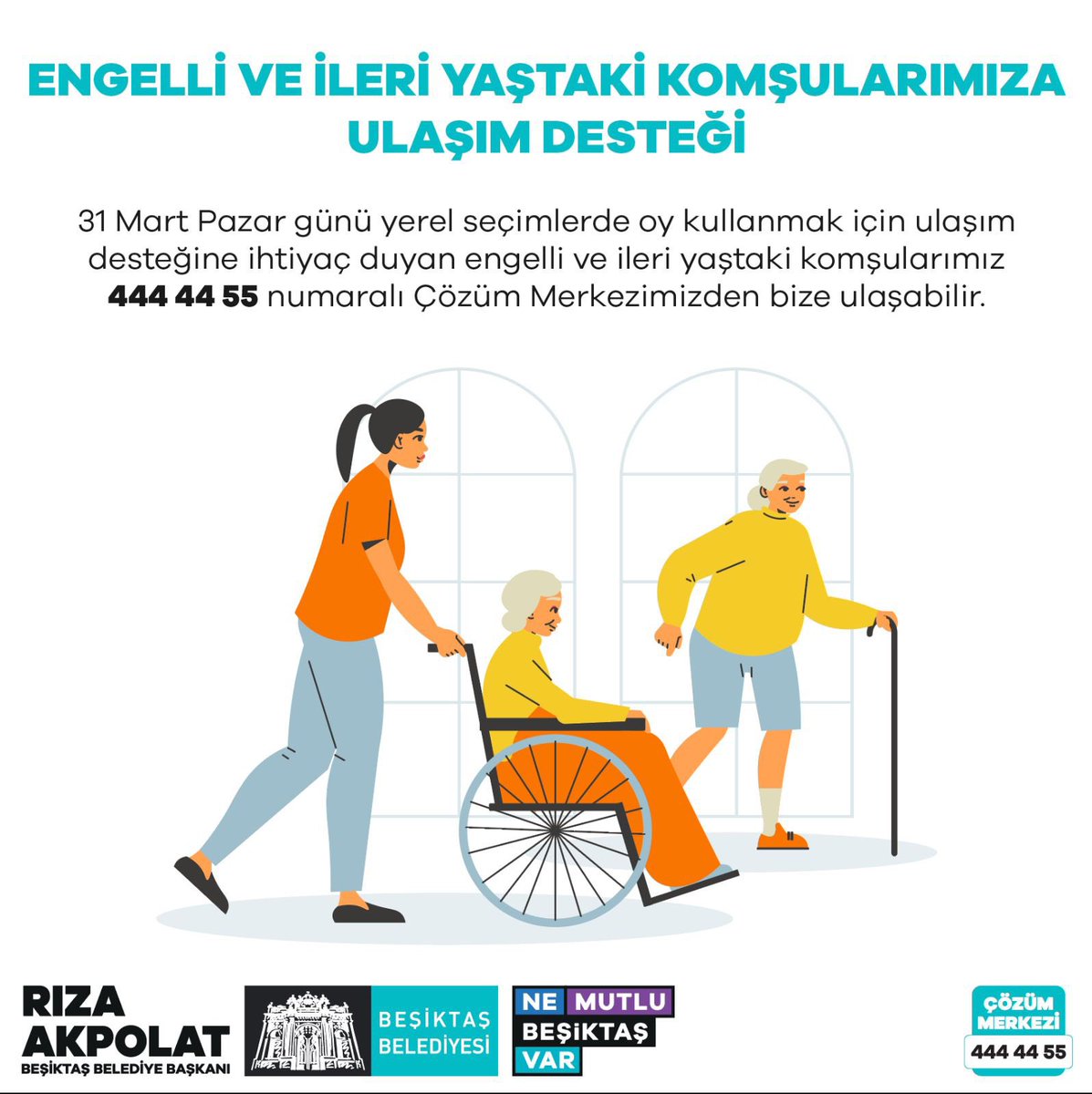 31 Mart Pazar günü yerel seçimlerde oy kullanmak için ulaşım desteğine ihtiyaç duyan engelli ve ileri yaştaki komşularımız 444 44 55 numaralı Çözüm Merkezimizden bize ulaşabilir. 📎besiktas.bel.tr/haberler/engel…