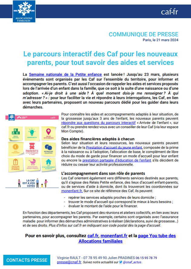 #presse 🗞️
#petiteenfance 👶

Les Caf et leurs partenaires proposent un parcours interactif pour faciliter les démarches des jeunes et futurs parents.

« Ai-je droit à une aide ? À quel moment dois-je me renseigner ? À qui  m’adresser ? »..., pour connaître les aides adaptées à
