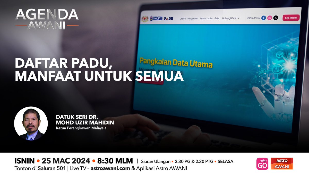 Minggu akhir pendaftaran PADU, sejauh mana tahap partisipasi rakyat dan kesedaran mengenai pentingnya untuk berbuat demikian? Diskusi 8.30 malam @Dr_Uzir @nazrikh @501Awani @StatsMalaysia