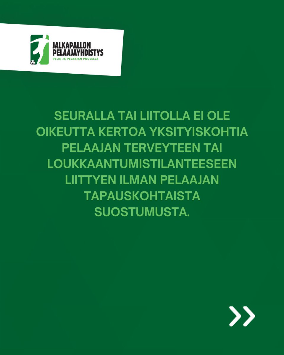 Seuralla tai liitolla ei ole oikeutta kertoa yksityiskohtia pelaajan terveyteen tai loukkaantumistilanteeseen liittyen ilman pelaajan tapauskohtaista suostumusta. ➡️ jpy.fi/fi/uutiset/ter… #ammattinajalkapallo #pelaajayhdistys #pelaajanarki