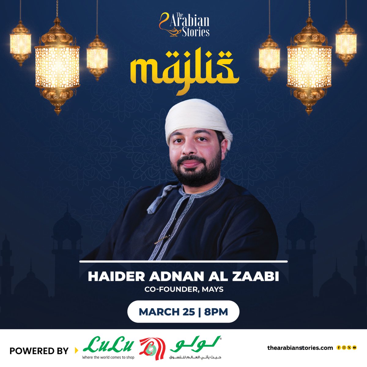 arabian_stories's tweet photo. Meet Haider Adnan Al Zaabi, the man who built Oman’s first electric car. 

Stay tuned at 8PM on March 25, as he shares insights into the journey of building his company — Mays.

Get ready for an electrifying session. 

@haizaa
@drivemays

Powered by: @LuLuHyperOM

#Majlis #Oman #Ramadan
