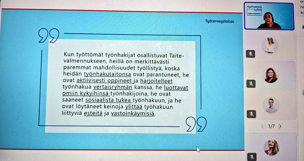 Terveisiä #Taite #työnhakuvalmennus verkostoseminaarista! 🌞 Tutkimusten mukaan valmennukseen osallistuvat työllistyvät 3-6 kertaa todennäköisemmin. 💪 Haluatko Taitteen palveluvalikoimaanne? Ota yhteyttä <a href="/WikstromMiia/">Miia Wikström</a> ja tule ohjaajakoulutukseen! 🤗 <a href="/tyoterveys/">Työterveyslaitos</a> #kestäväkasvu