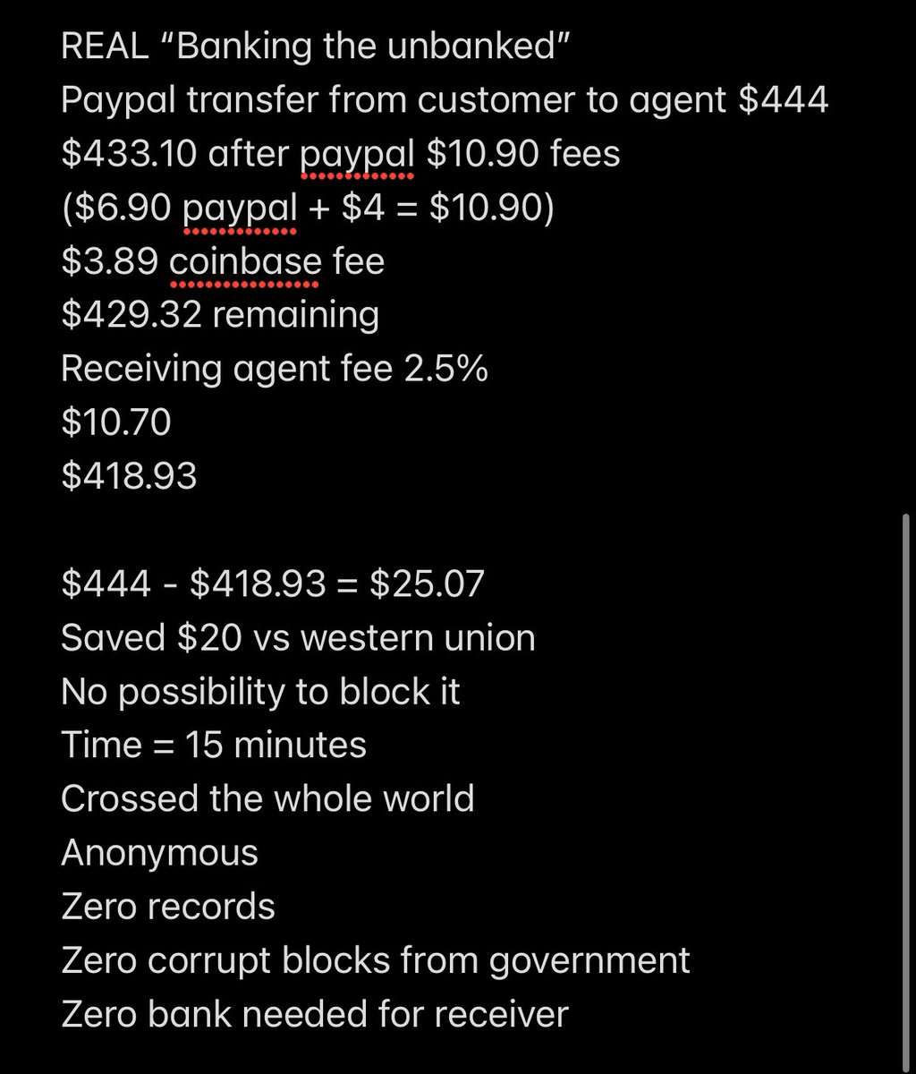We just did another #BankingTheUnbanked transaction
(We are the #unbanked) Living it.
Saved $20 vs western union
Saved $45-55 vs banks
Saved 3% currency spread ripoff fees = $13+
Took 15 minutes to get our cash on exact opposite side of the world
Support #Blockchain vs CorruptSEC
