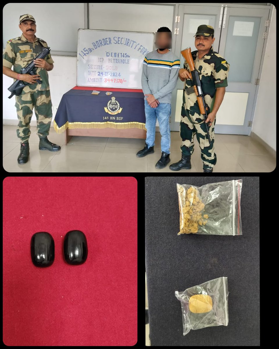 BSF_SOUTHBENGAL's tweet photo. 24.03.2024
#VigilantBSF troops of ICP-Petrapole @BSF_SOUTHBENGAL apprehended a passenger during security checking &amp; recovered 02 packet of Gold in paste form(WT 516.5 g) worth ₹ 34.5 Lakh,being smuggled it from Bangladesh to India by concealing in his body cavity.
#BSFseizedGold https://t.co/aHWo3mknOs
