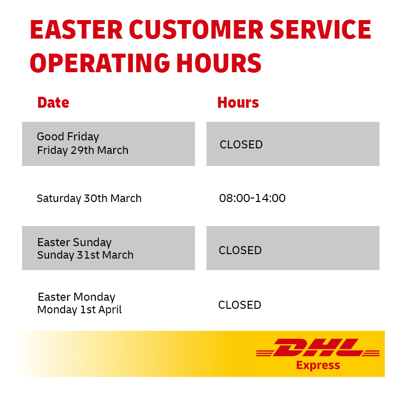 Here are the Easter Customer Service operating hours in case you should need to contact us over the bank holiday. We hope you have a happy Easter! #Easter #DHLExpressUK