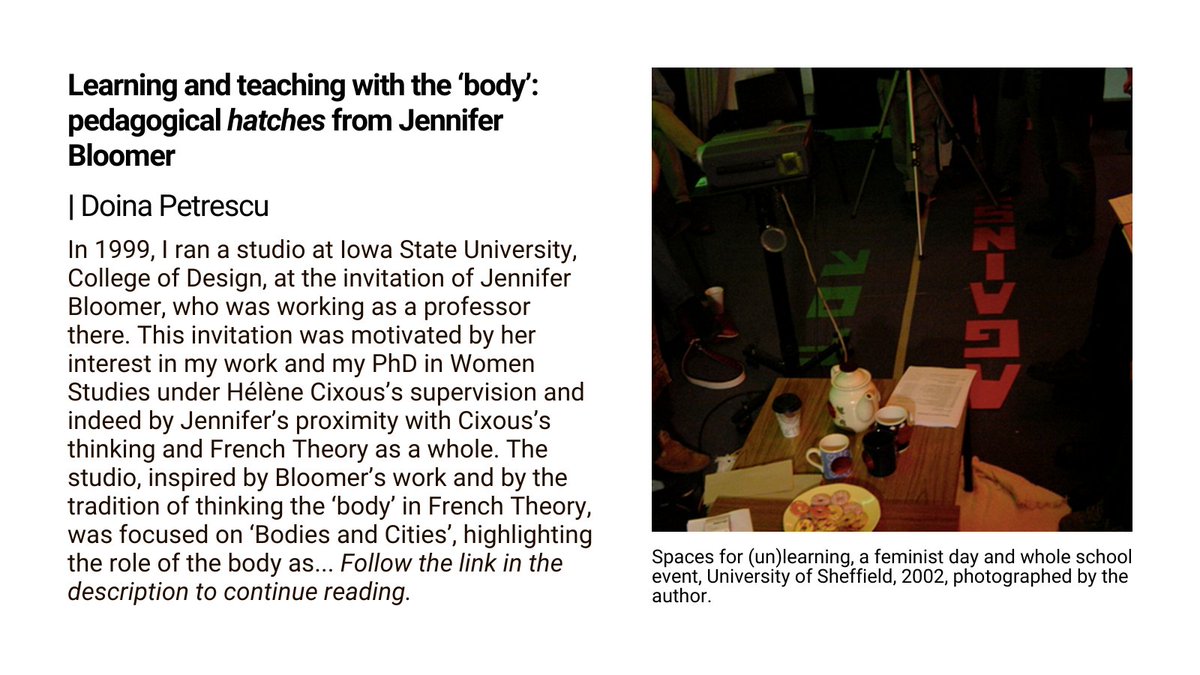 📢 Learning and teaching with the ‘body’: pedagogical hatches from Jennifer Bloomer – New paper by Doina Petrescu @doina_petrescu @SSoA_news tandfonline.com/doi/full/10.10…