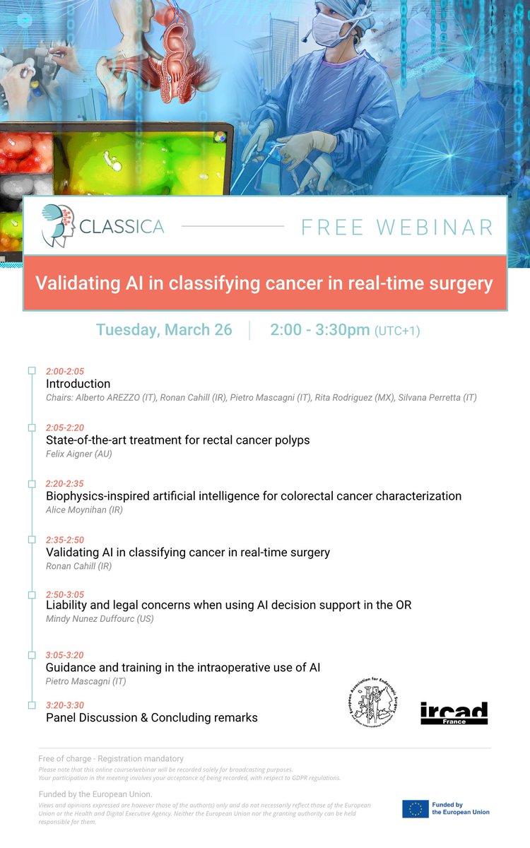 Tomorrow at 2pm CET: the free #EAES and #IRCAD webinar. Validating #AI in classifying canver in real-time #surgery (CLASSICA project). Register via bit.ly/classica-webin…