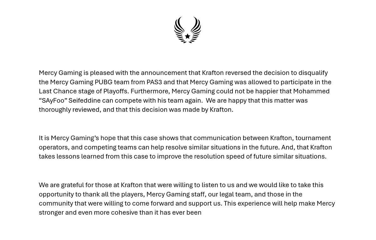 Our official statement on the decision by Krafton to reverse our disqualification from #PAS3