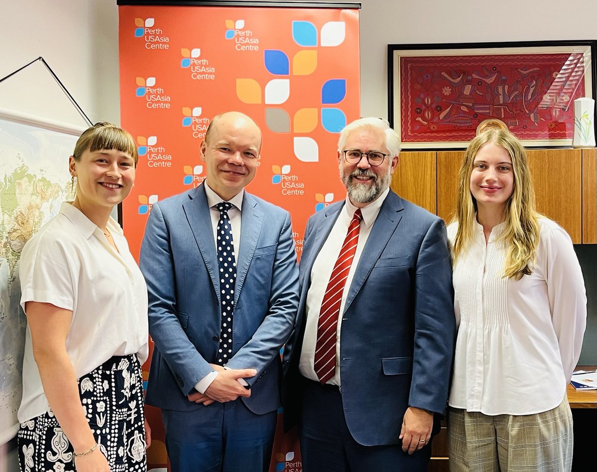 AHaapea's tweet photo. Pleasure to meet Prof. @lgflake, CEO of @PerthUSAsia, and his colleagues to discuss cooperation possibilities on the Indo-Pacific region.

Thank you for an excellent meeting - look forward to future collaboration 🇫🇮🇪🇺🇦🇺!
@FinEmbAustralia https://t.co/CQjKPZZWRb