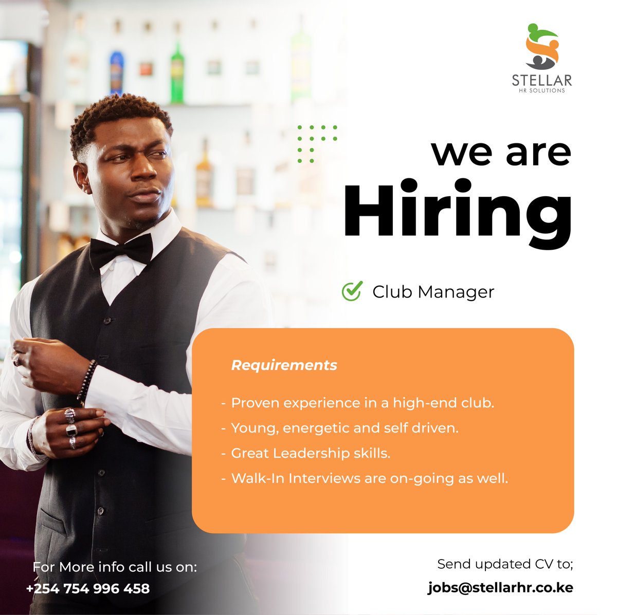 #IkoKazi

Our client, a high-end club based in Nairobi, is seeking to recruit a Club Manager.

Apply now via jobs@stellarhr.co.ke

#WeAreHiring #ClubManager #JobOpportunity