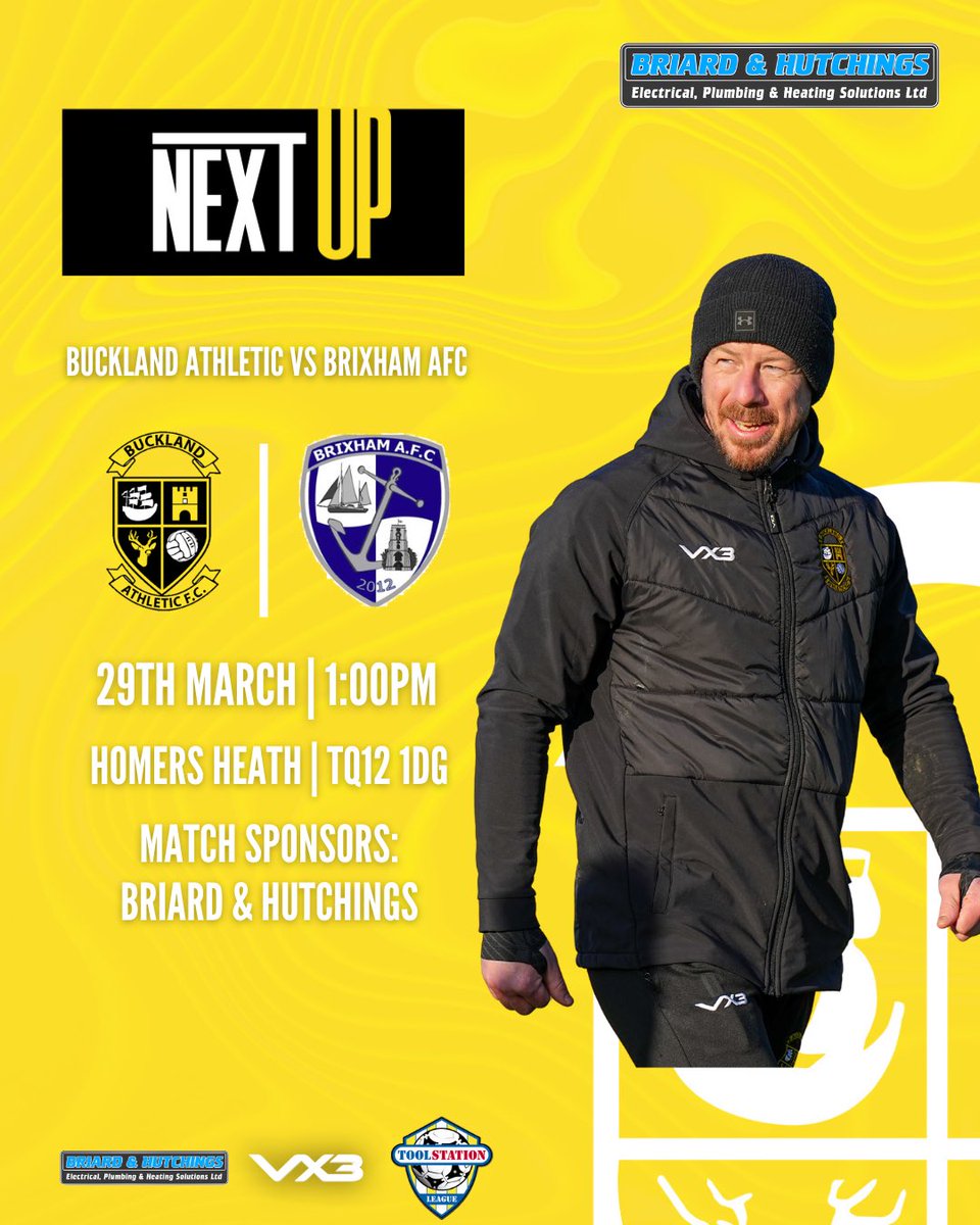 ❓️| What’s up next? 🗓 Friday 29th March 🆚️ @BrixhamAFC 🏆 @TSWesternLeague 🏟 Homers Heath, TQ12 1DG 💷 Adults £7, Concessions £5, Children (Under 16) £2 ⏱️ 1pm KO 🍺🍔 Homers Bar, Kitchen & Treats open from 11:30am 🤝 Match Sponsors - @BriardHutchings #UpTheBucks 🟡⚫️