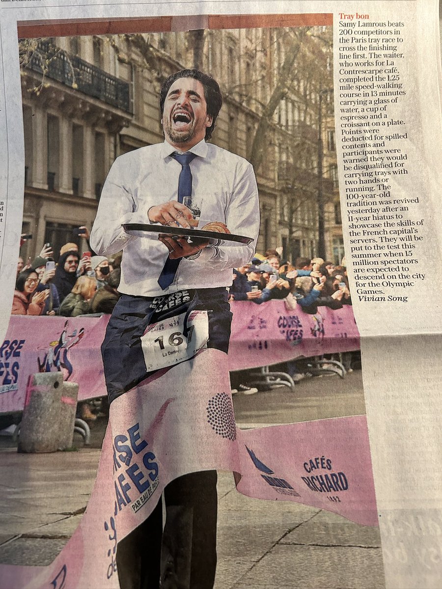 I love this so much. The winner of Paris’s ‘cafe race’ - where waiters compete to see who can carry a tray with a croissant, coffee and water along a course of just over a mile - crosses the finish line yesterday. Look how chuffed he is!