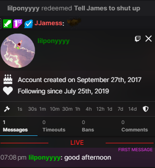 GeefTweets's tweet photo. This person has been following me for FIVE years and the VERY first time they choose to talk (today), they tell my friend James to "shut up" and then "good afternoon".

I fucking love Twitch sometimes 🤣 https://t.co/nREEJeCJQw