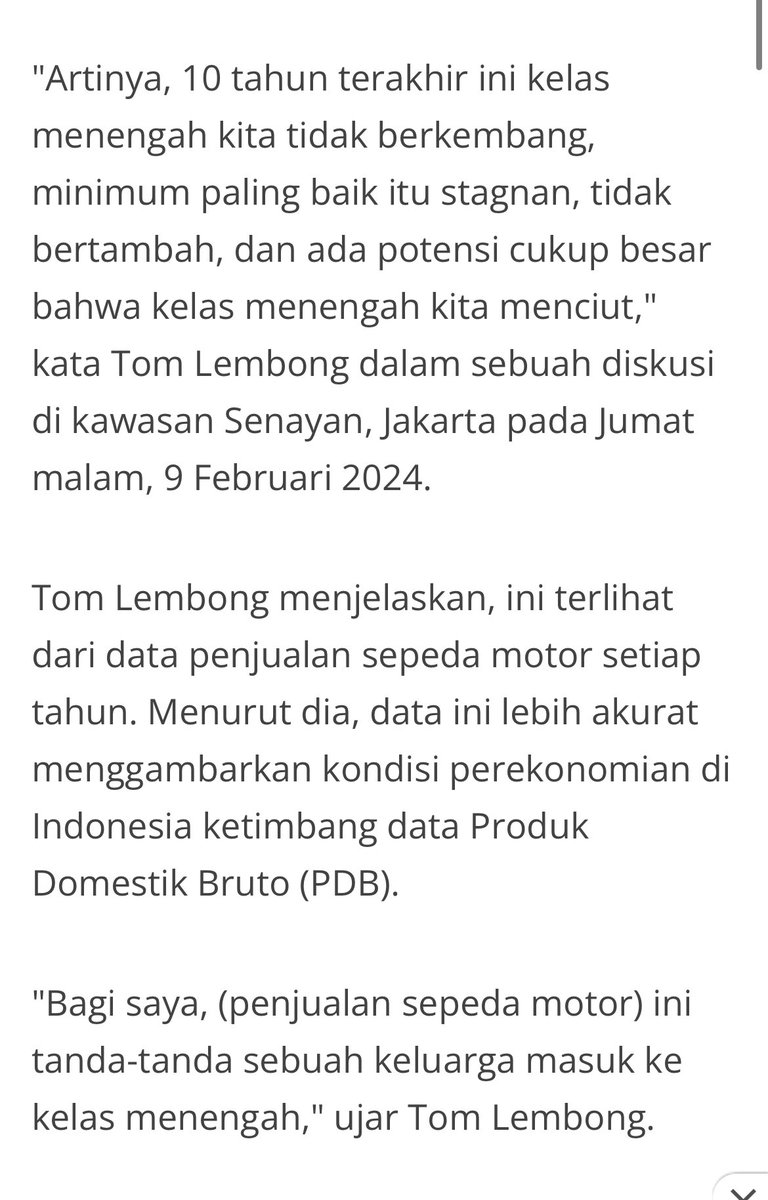 Lah ini bukannya dulu @tomlembong pernah cerita ya? Kelas menengah ga berkembang diliat dari penjualan sepeda motor yang stagnan