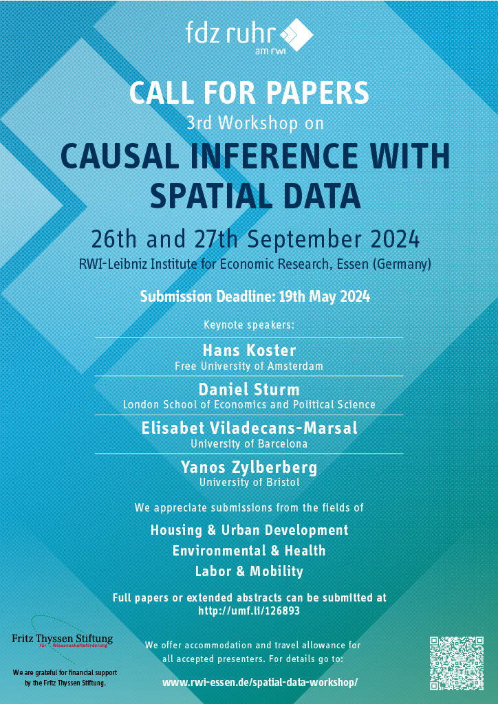 📢Call for Papers: Working on causal inference problems with spatial data? Join us for our workshop, 26–27 September 2024.
👉Keynotes: <a href="/eviladecans/">Elisabet Viladecans-Marsal</a>, <a href="/daniel_m_sturm/">Daniel Sturm</a>, Hans Koster (<a href="/VUamsterdam/">Vrije Universiteit Amsterdam (inactief)</a>) and Yanos Zylberberg (<a href="/BristolUniEcon/">University of Bristol | School of Economics</a>)
ℹ️More details: rwi-essen.de/forschung-bera…