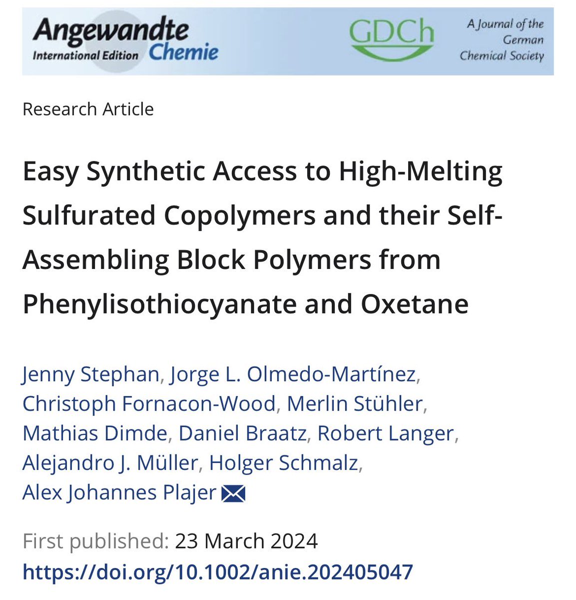 Plajer Group (@ajplajer) on Twitter photo Our groups work on isothiocyantes/oxetane co- and block- polymers has been accepted in <a href="/angew_chem/">Angewandte Chemie</a> and is now online!! 🥳🤩
Congratulations to all the authors!
Check it out here: onlinelibrary.wiley.com/doi/epdf/10.10… Our groups work on isothiocyantes/oxetane co- and block- polymers has been accepted in <a href="/angew_chem/">Angewandte Chemie</a> and is now online!! 🥳🤩
Congratulations to all the authors!
Check it out here: onlinelibrary.wiley.com/doi/epdf/10.10…