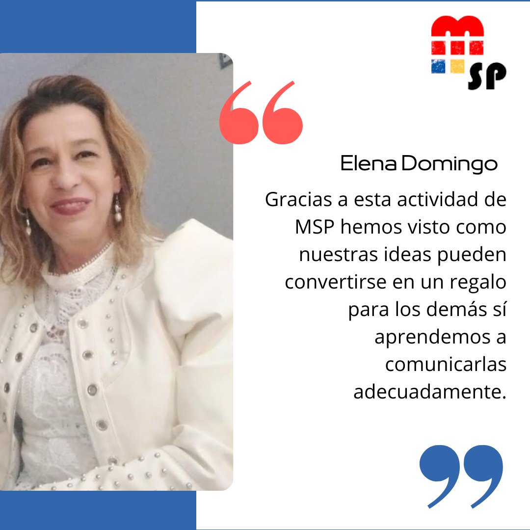 Hoy es Elena Domingo @Elenadmqs quien nos comparte su #testimonio sobre el curso de 'Oratoria Aplicada (Método TED)' organizado por #mujeresSP gracias a David Pla Santamaría y Virginia Pla Santamaría @recerk #comunicación #oratoria