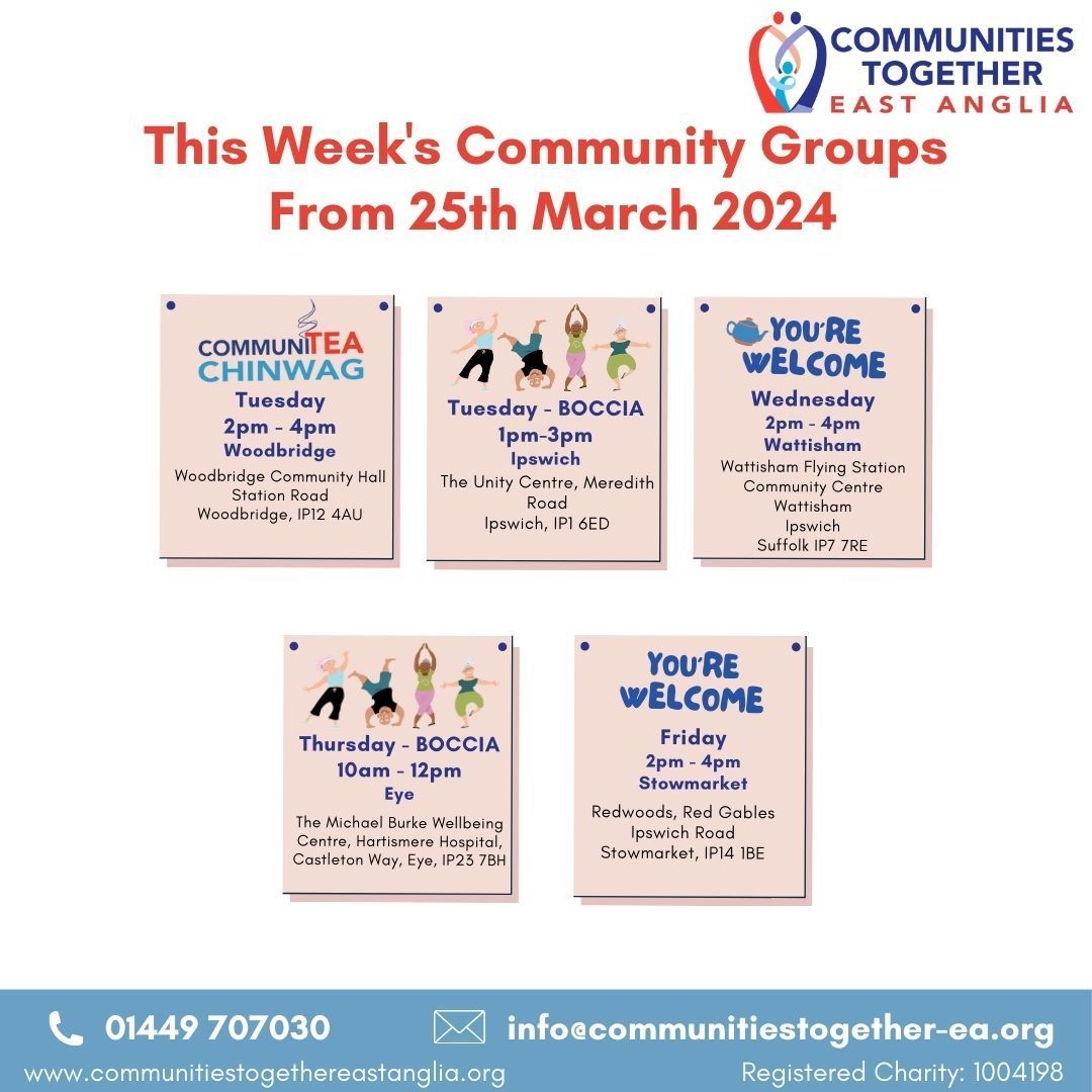 SESSIONS THIS WEEK! For more information about our sessions please contact info@communitiestogether-ea.org or call 01449 707030.