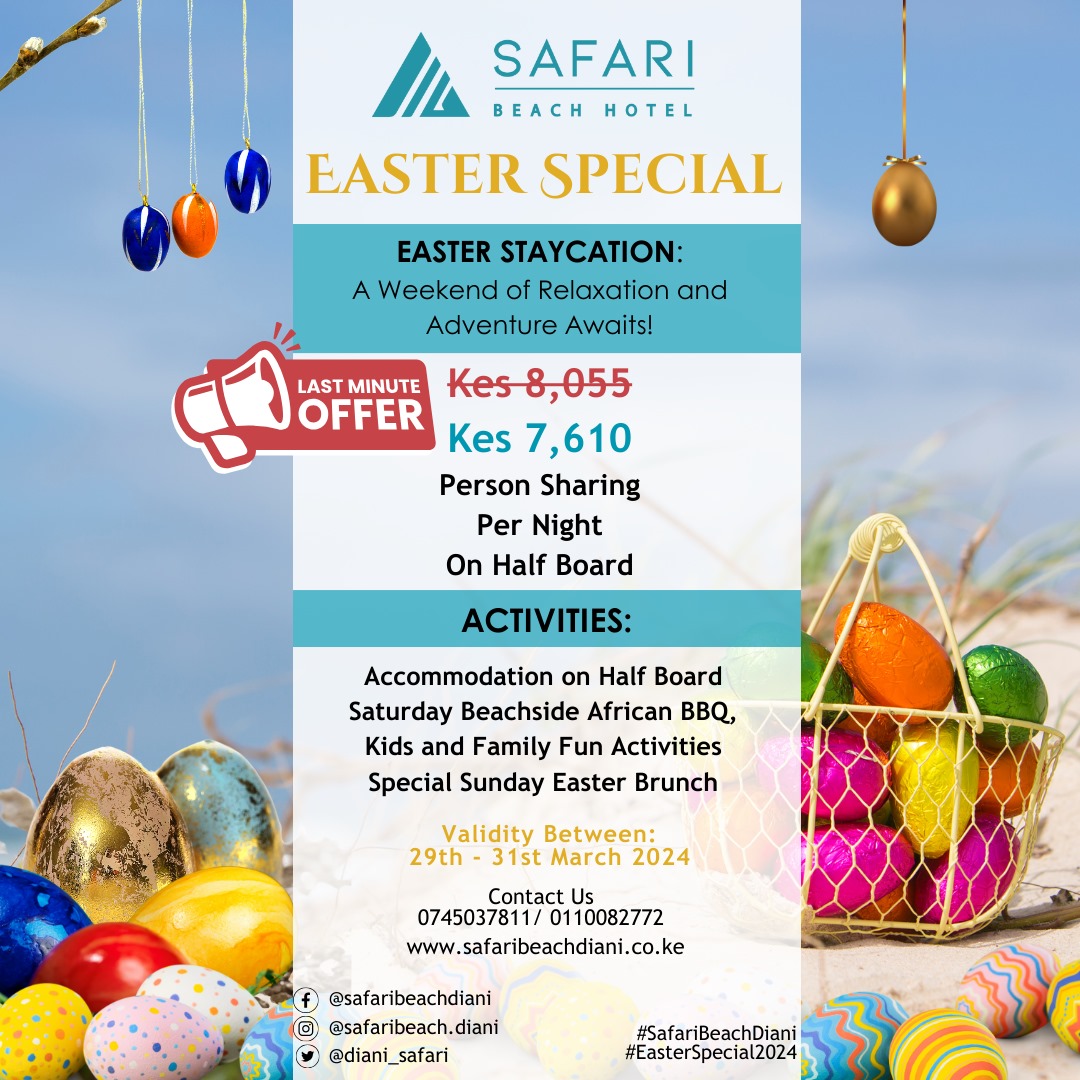 𝐋𝐚𝐬𝐭-𝐌𝐢𝐧𝐮𝐭𝐞 𝐄𝐚𝐬𝐭𝐞𝐫 𝐃𝐞𝐚𝐥! Don't miss out on our exclusive discounted rates at @diani_safari! Book now for an unforgettable Easter getaway filled with sun, sand, and relaxation. Limited availability - secure your spot today. #SafariBeachHotel #EasterWeekend