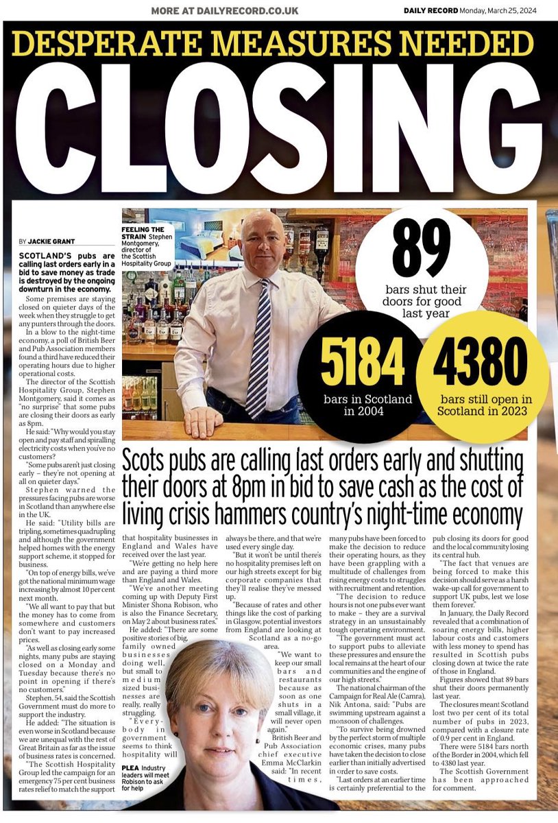 Many pubs are now calling last orders early as seen here in @Daily_Record A poll from @beerandpub shows that the trade is being wiped out with last orders for many being called due to lack of support from @scotgov, with Scotland suffering more than rest of UK