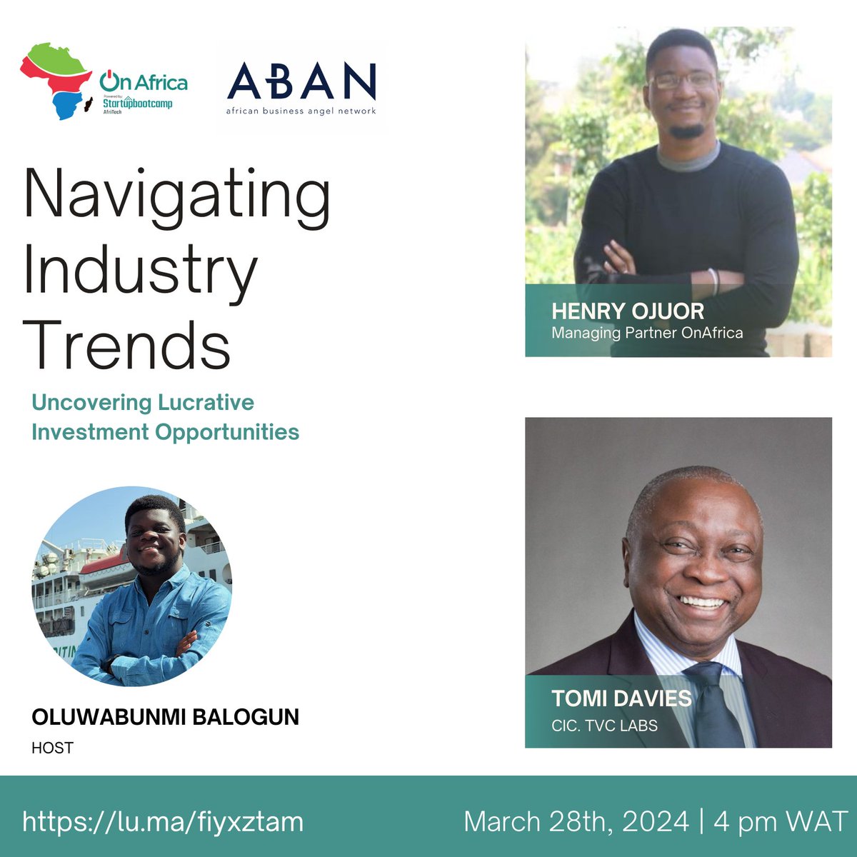 🔊 The countdown is on! 

ABAN is teaming up with <a href="/SBCAfriTech/">SBCAfriTech</a> to extend an invitation to #investors, #angelnetworks, founders &amp; #angelinvestors eager to learn about our strategies for uncovering &amp; investing in significant opportunities across Africa.

👉🔗lu.ma/fiyxztam
