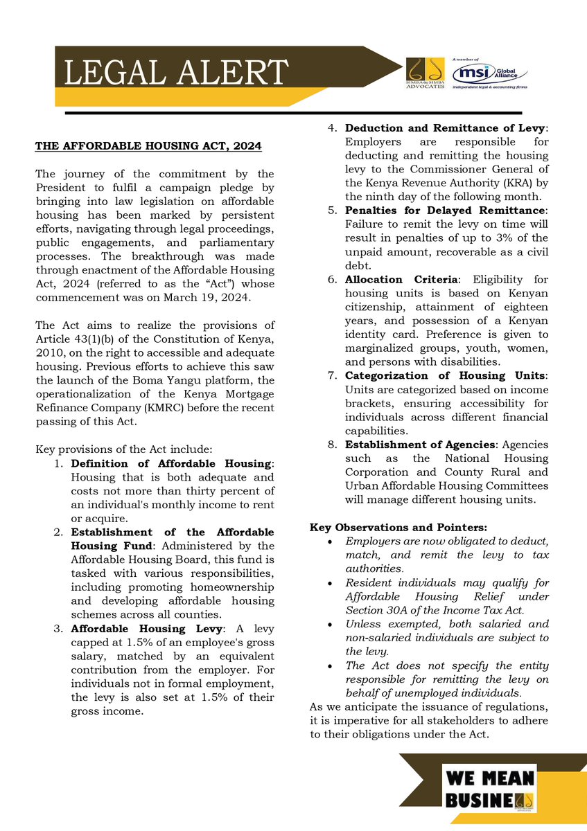 SimbaAdvocates's tweet image. #LetsDiscussit the Affordable Housing Act 2024 was on 19th April 2024 assented into law marking a significant milestone in housing policy. 

Join us as we highlight some of the Act&apos;s key provisions in this Legal Alert. 

#AffordableHousingAct
#WeMeanBusiness