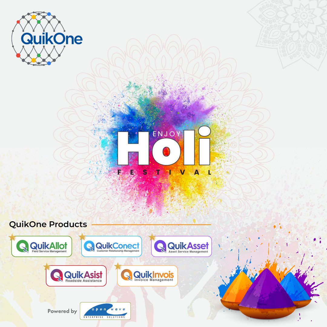 #QuikOne wishes you all a Holi that’s as vibrant & lively as you are. Have a blast!

#HappyHoli #HoliFestival #QuikAllot #FieldServiceManagementSoftware #QuikConect #SalesCRMSoftware #QuikAsist #RoadsideAssistanceSoftware #QuikAsset #AssetManagement #QuikInvois #InvoiceManagement