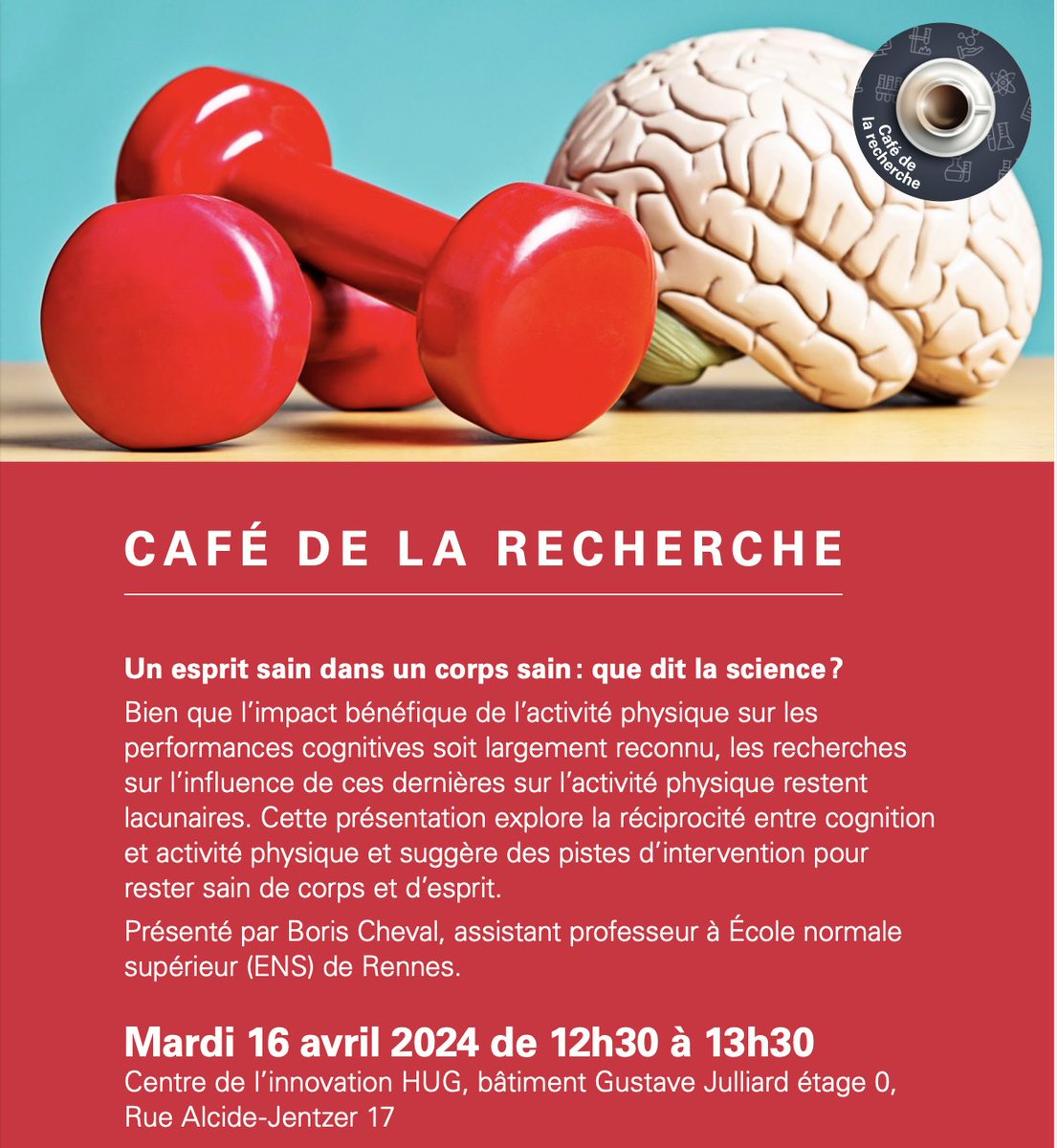 I am delighted to present and discuss the relationship between physical activity and cognitive function at the 'Research Café' organized by the University Hospitals of Geneva. Détails : hug.ch/evenement/cafe… @ENSRennes @ENSRennes2SEP @VIPS_2 @RennesUniv @STAPS_Rennes2