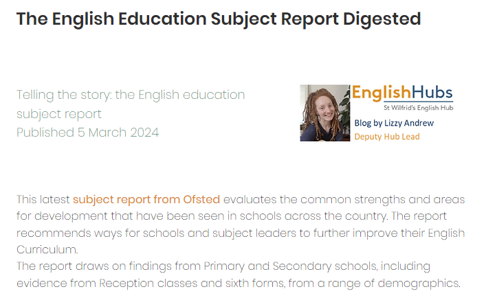 The English Education Subject Report Digested The latest blog post by @MissAlearning is now live on on ForgeCPD: forgecpd.com/post/the-engli… @RachaelGoucher @MrsFe77 @JCEnglishHub @WandleEnglish @HubFlying @HertsEnglish @RoSIS_1 #earthday #Reading