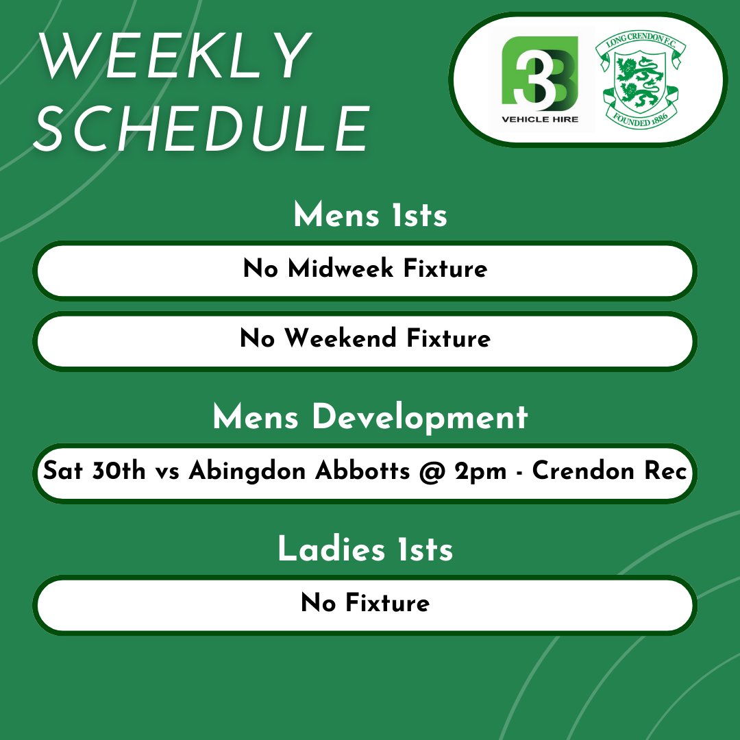 📅 Fixtures⁠ ⁠ Here are the confirmed fixtures for our senior teams this week⁠ ⁠ ⁠ Principal Sponsor - @3bhire - 3bhire.co.uk