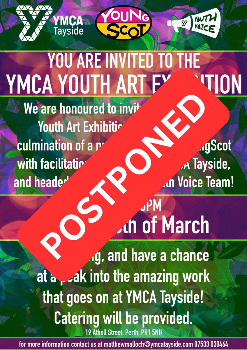 ART EXHIBITION POSTPONED. Due to unfortunate circumstances the art exhibition scheduled for tomorrow evening with @YoungScot has to be postponed. We will update you with the new date when this is decided.
