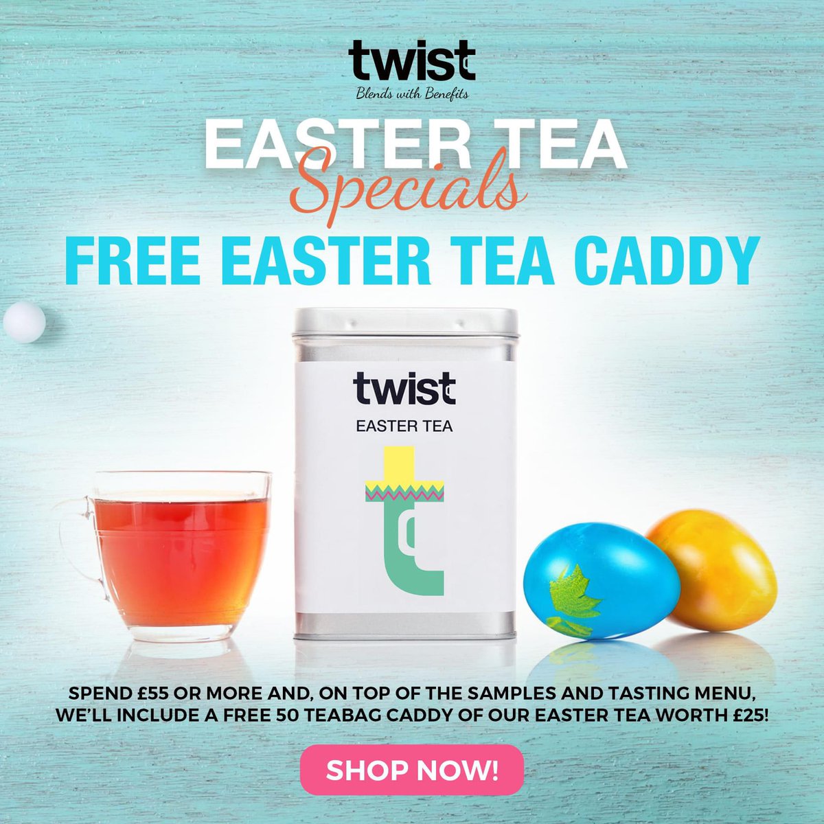Easter Specials still running 🐰💐 
🐥 6 free tea bags with every order 
🐥 Free chocolate tea tasting menu with orders over £25 
🐥 Free Easter Tea Caddy with orders over £55. Offers end 31st March - Explore our blends here: twist-teas.co.uk/product-catego… #easter2024 #offers #Monday