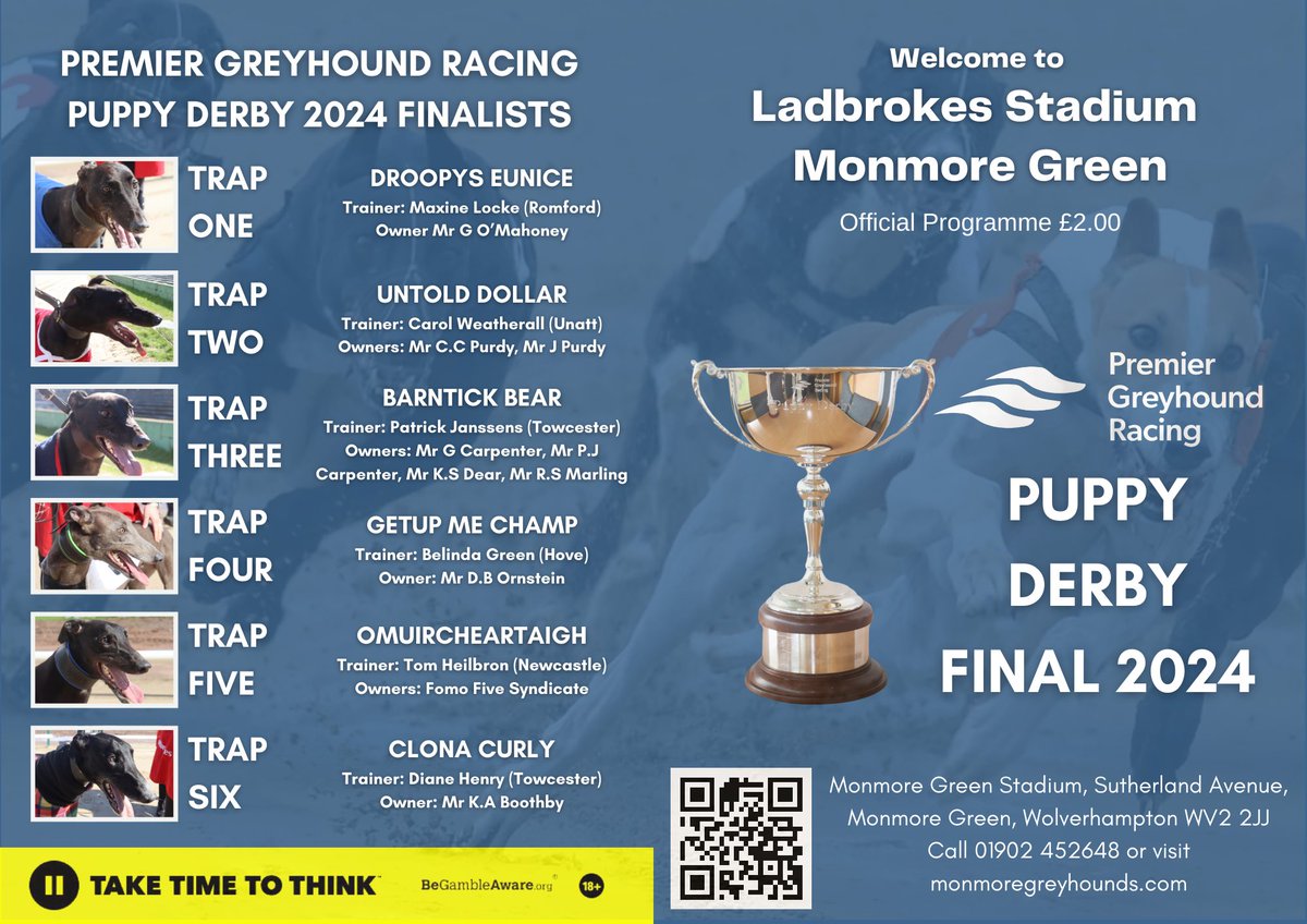 Here's a sneak peek of the race card cover for this Saturday's @PremGreyRacing Puppy Derby final 🏆 Six sensational young greyhounds will do battle for the £20,000 prize - who are you backing to win it? 🤔 monmoregreyhounds.com