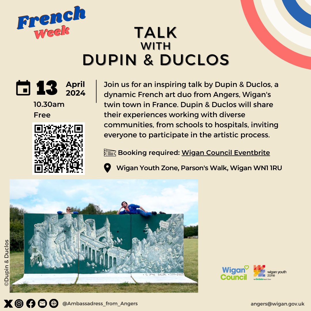 [ANGERS ARTISTS TALK] Get ready to be swept away on an artistic adventure with Dupin&Duclos. But that's not all! During their stay in #Wigan, they’ll collaborate with the kids of @WiganYouthZone to create a mural, igniting creativity & leaving a lasting impact on our community.