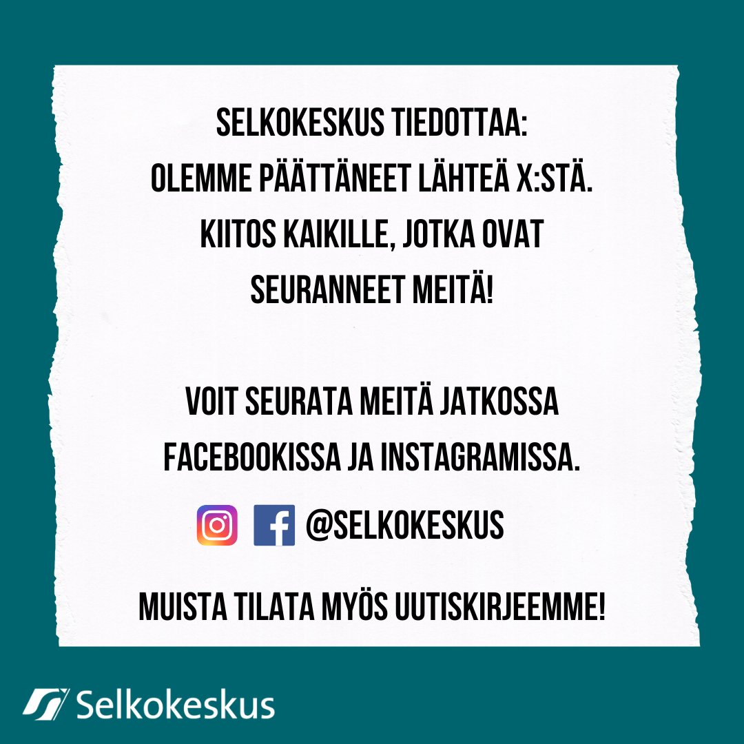 Selkokeskus tiedottaa: Olemme päättäneet lähteä X:stä. Kiitämme kaikkia, jotka ovat seuranneet meitä täällä!❤️ Meitä voi jatkossakin seurata Facebookissa ja Instagramissa. Tilaa myös uutiskirjeemme sähköpostiin osoitteessa kehitysvammaliitto.creamailer.fi/subscribe/Ce9B…! #selkokieli